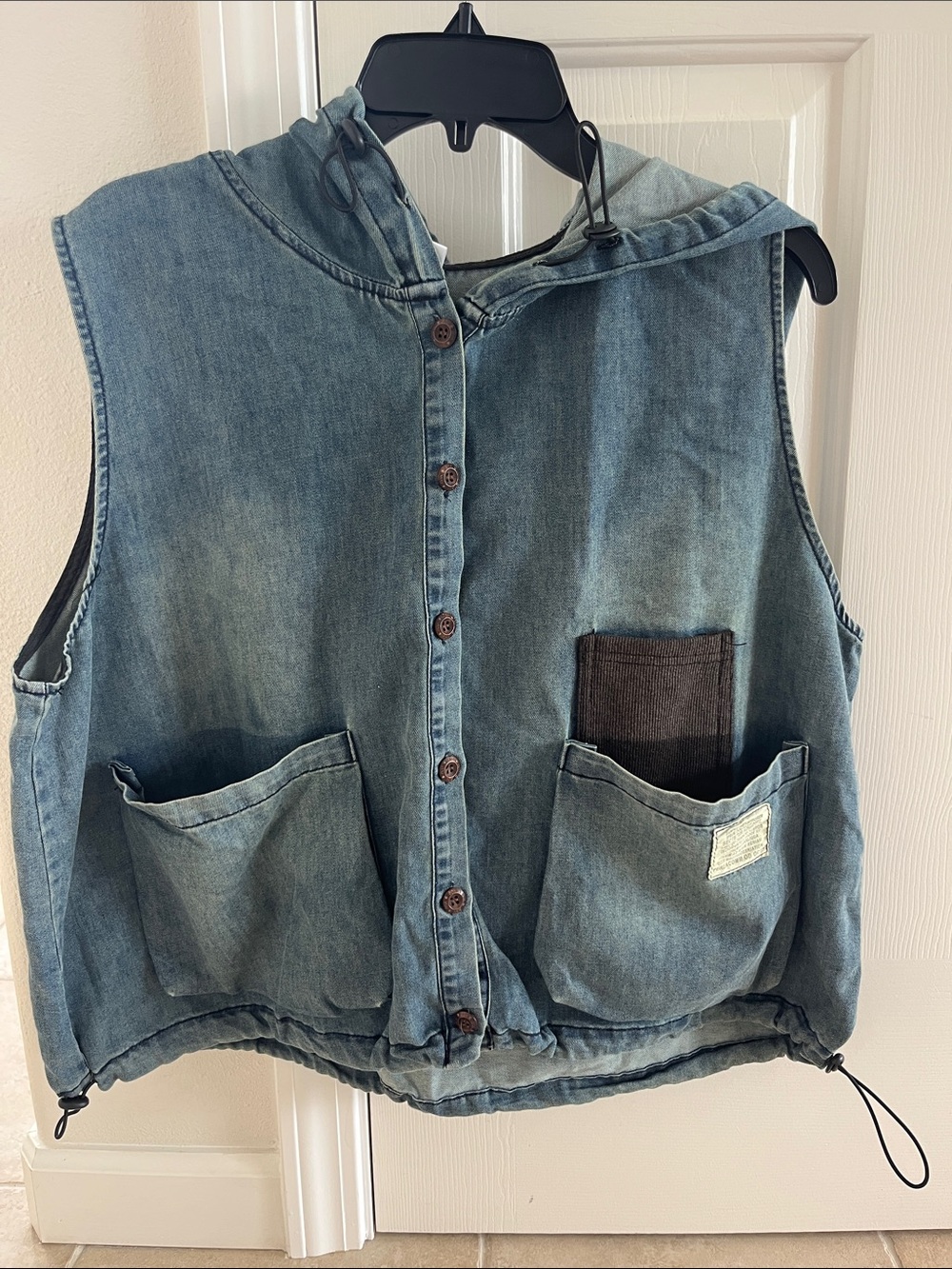 Washed Blue Denim Hooded Vest with Drawstring